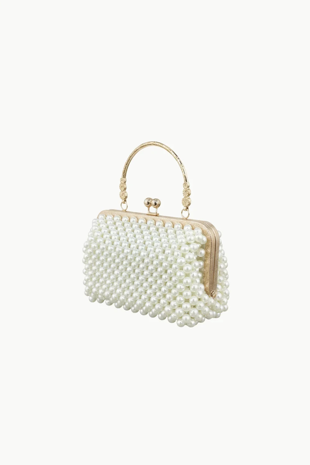 Pearl clutch handbag with white pearl embellishments and gold metal frame