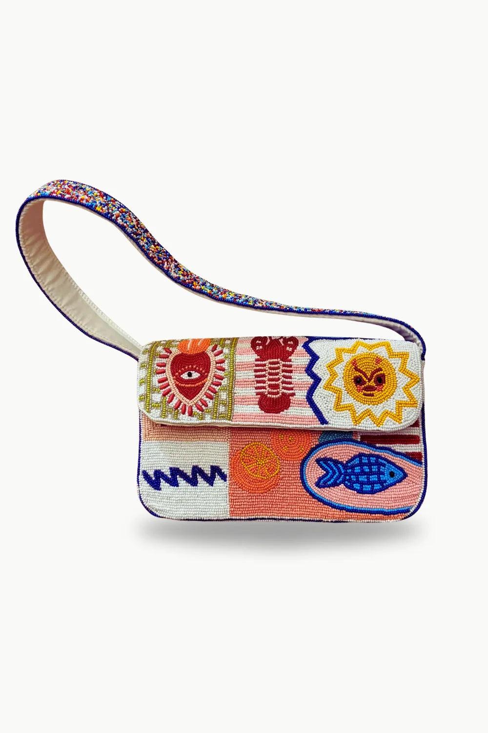 Colorful beaded bag with embroidered designs, perfect for stylish accessories