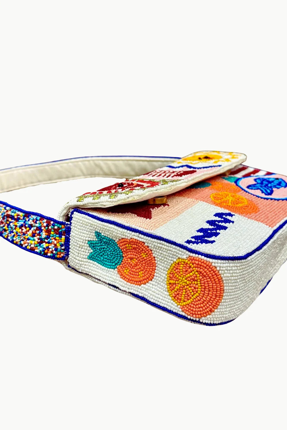 Colorful beaded bag with fruit and stripe patterns, stylish beaded shoulder bag accessory