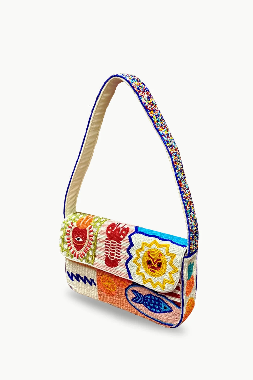 Colorful beaded bag with whimsical designs, perfect for stylish accessories