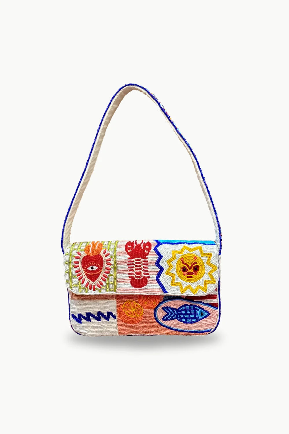 Colorful beaded bag with embroidered designs including heart with eye, lobster, sun, fish