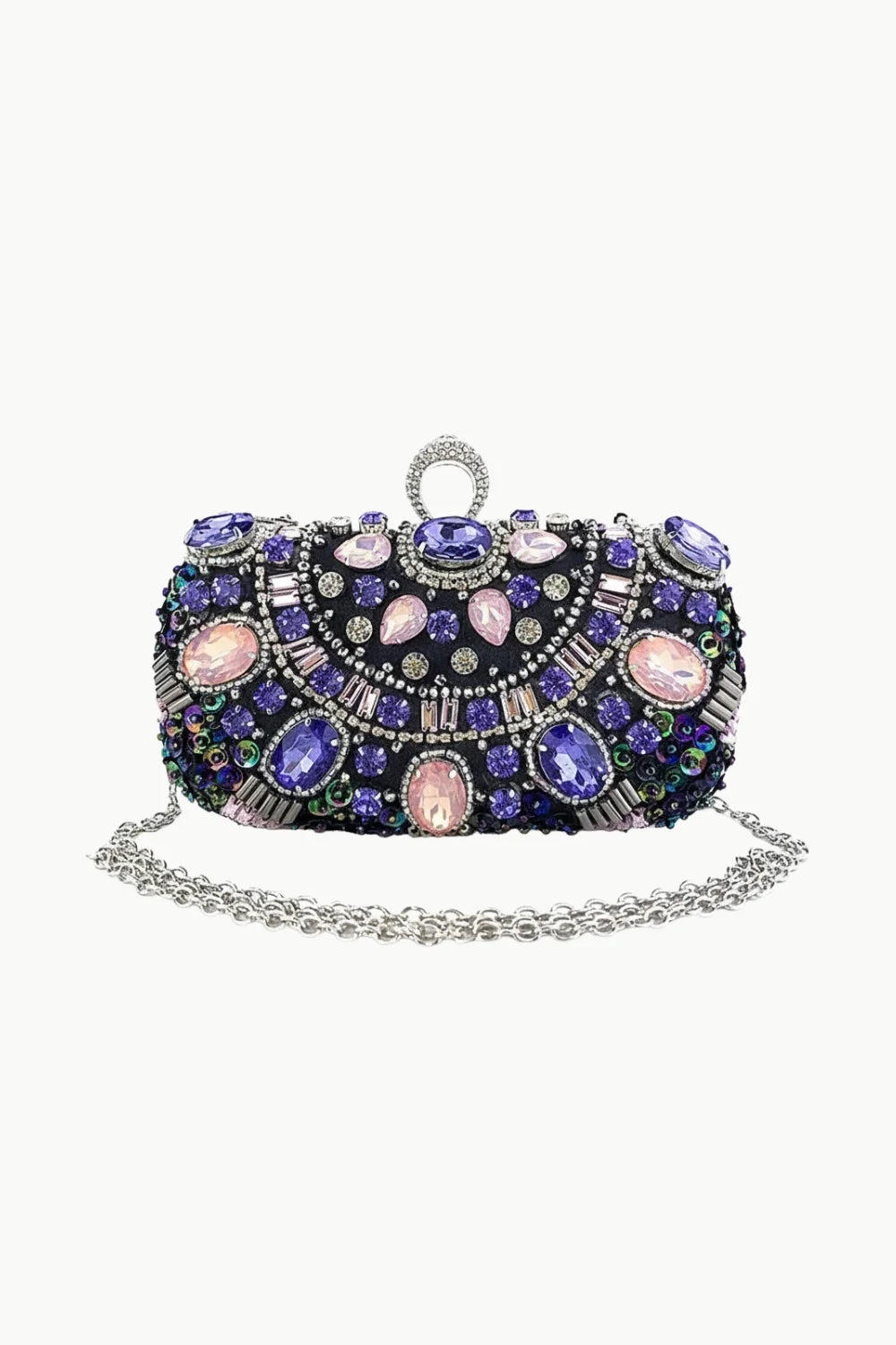 Black embellished beaded clutch with purple pink gemstones and silver chain strap