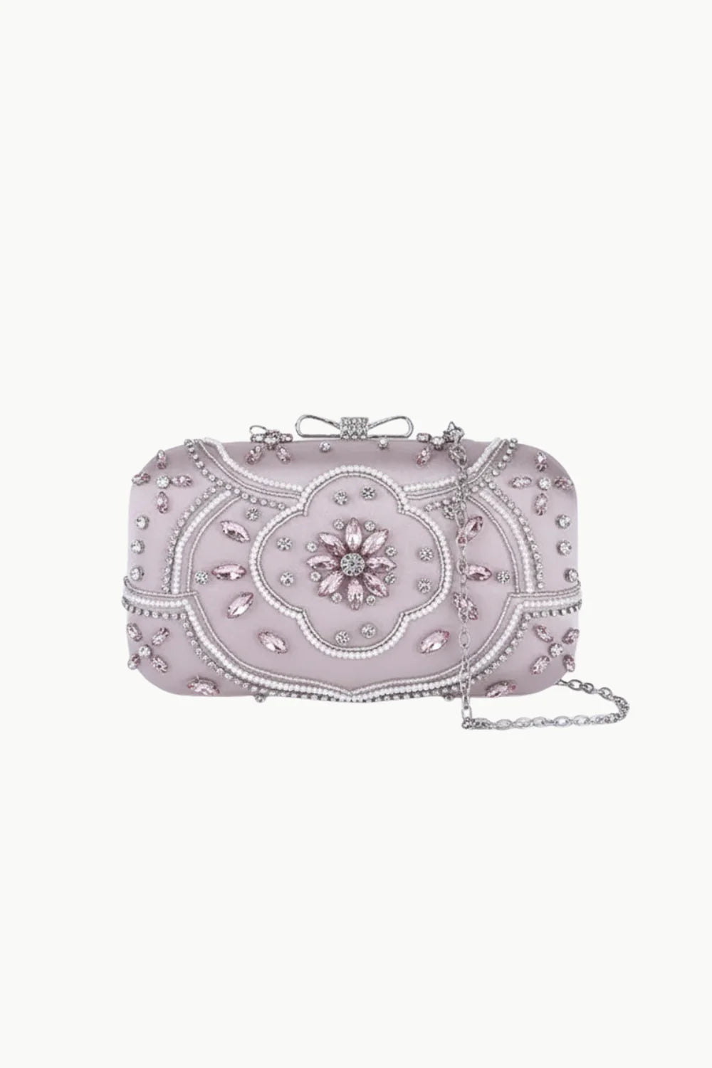 Colorful beaded clutch bag with floral embellishment, silver beads, gemstones, and bow clasp