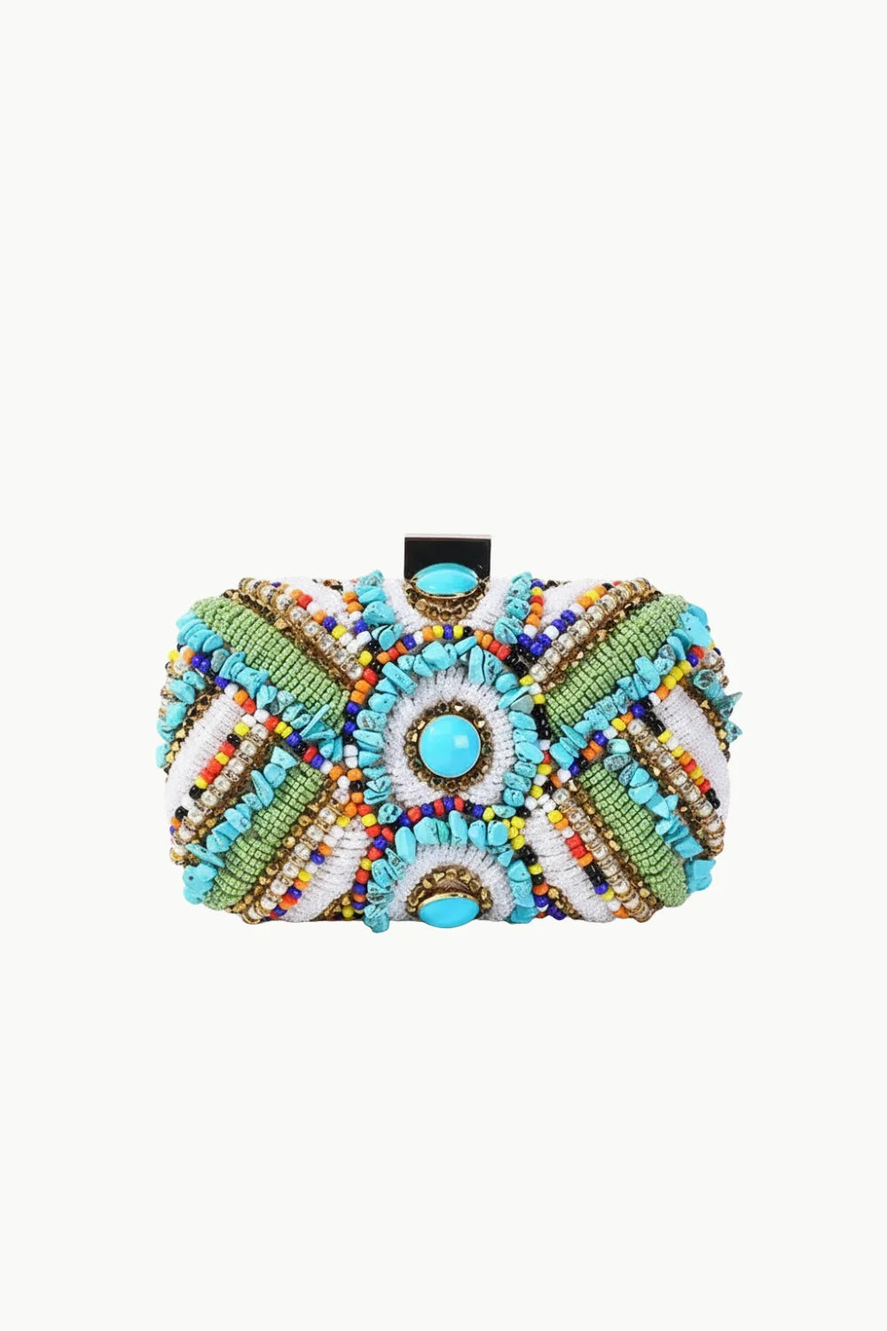 Colorful beaded clutch with turquoise stones and fringe details for stylish accessories