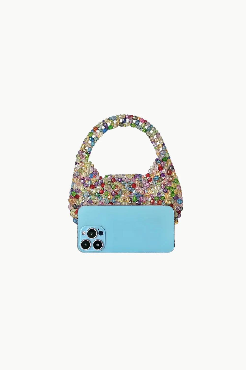 Colorful beaded handbag with light blue smartphone front view for stylish accessories
