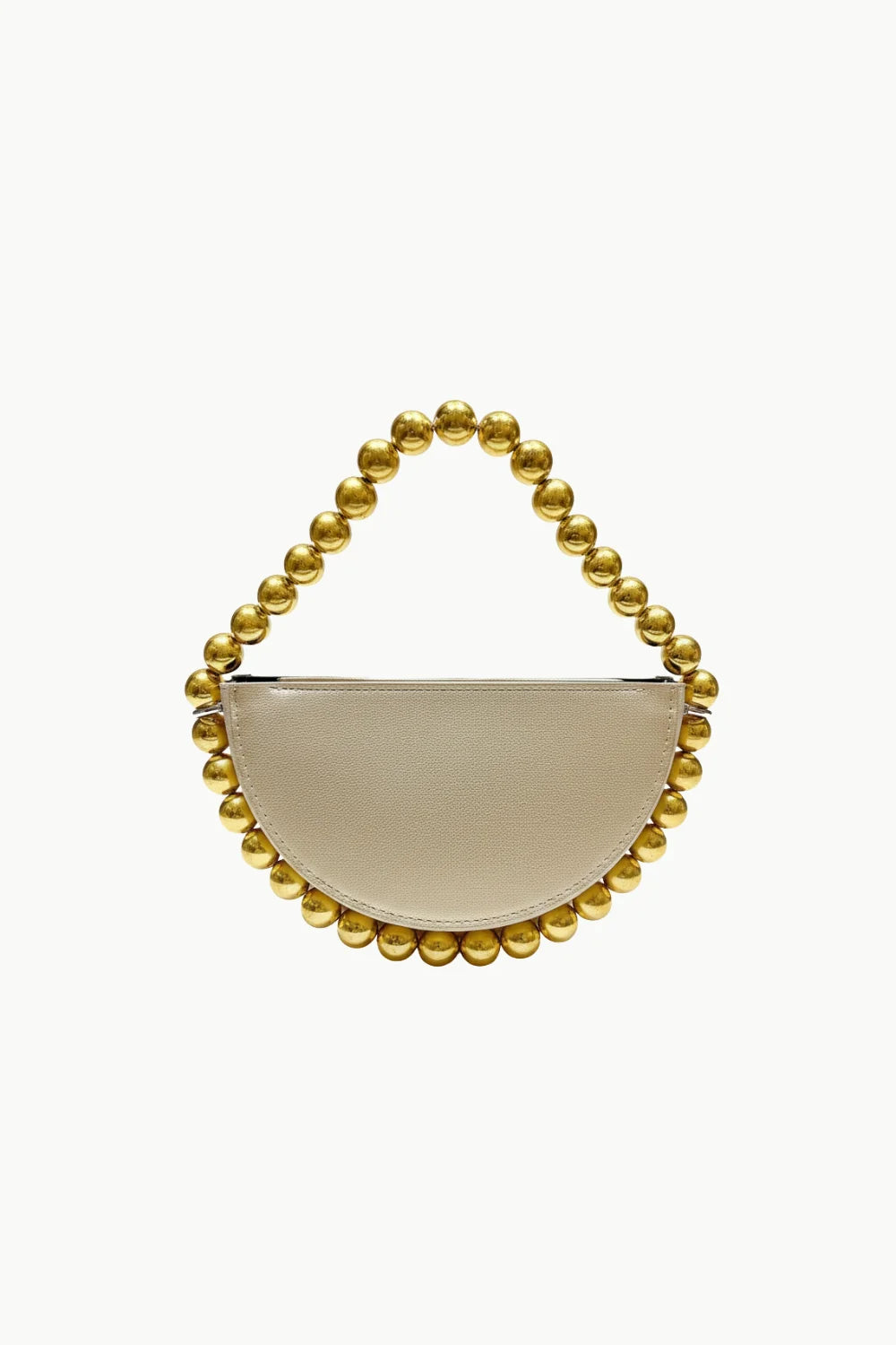 Cream-colored Crescent Bead Bag with gold beaded handle and trim for elegant style