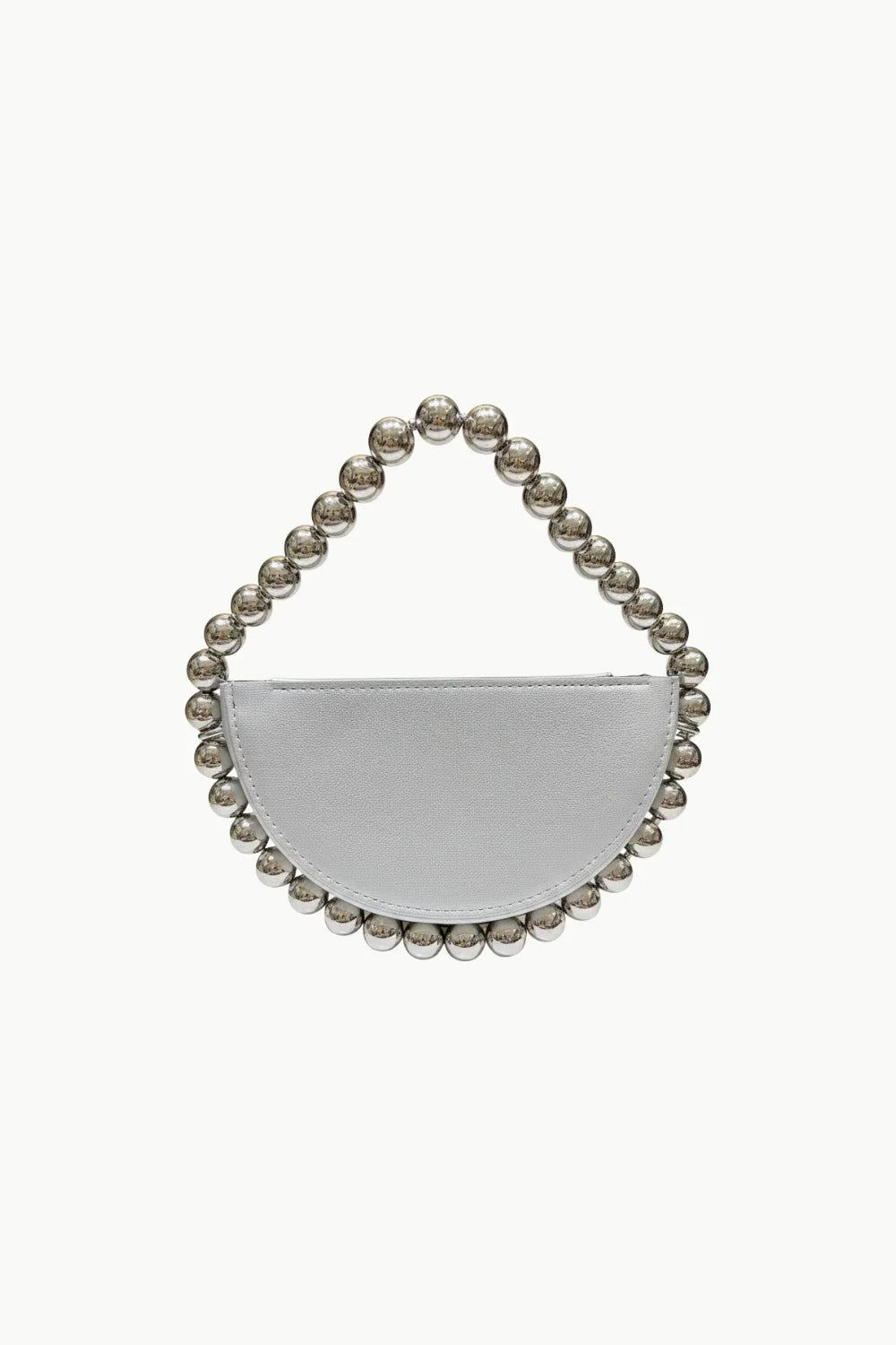 Silver beaded semi-circle clutch bag showcasing the Crescent Bead Bag design