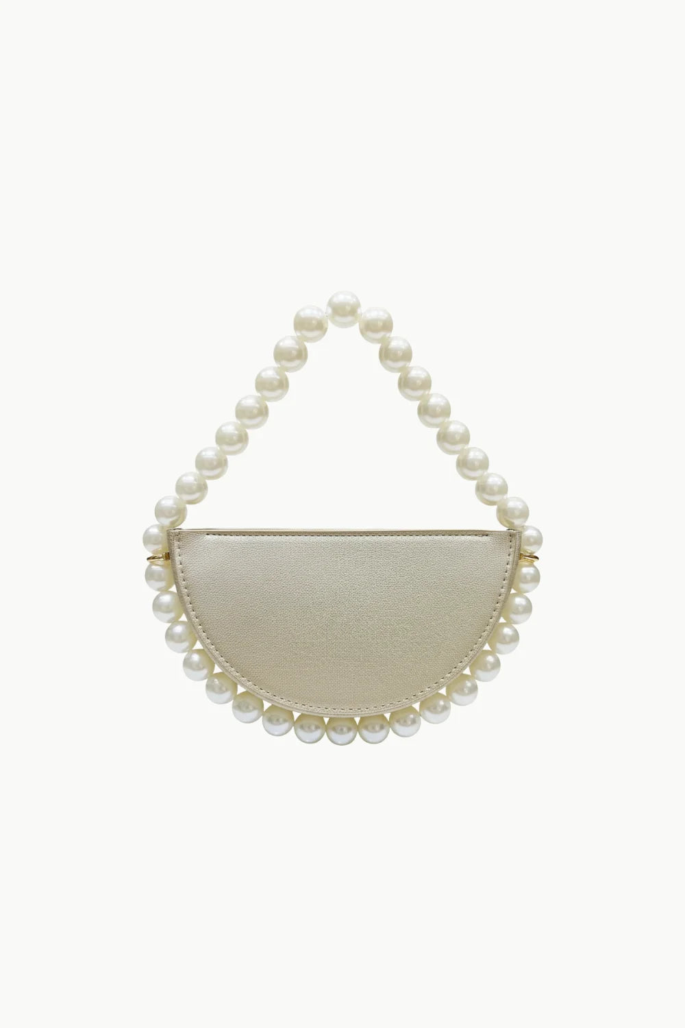 White crescent bead bag with faux leather half-moon shape and pearl top handle