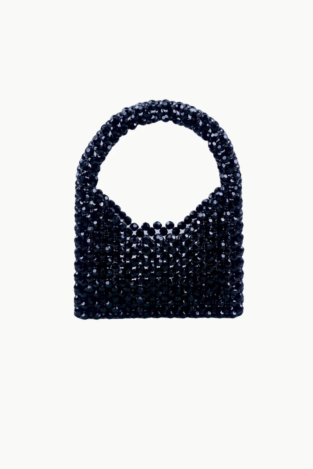 Black beaded bag with curved top handle, stylish crochet beaded bag accessory
