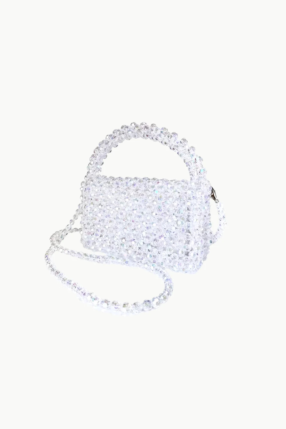 Clear beaded purse with top handle and long shoulder strap, perfect as a crossbody beaded purse
