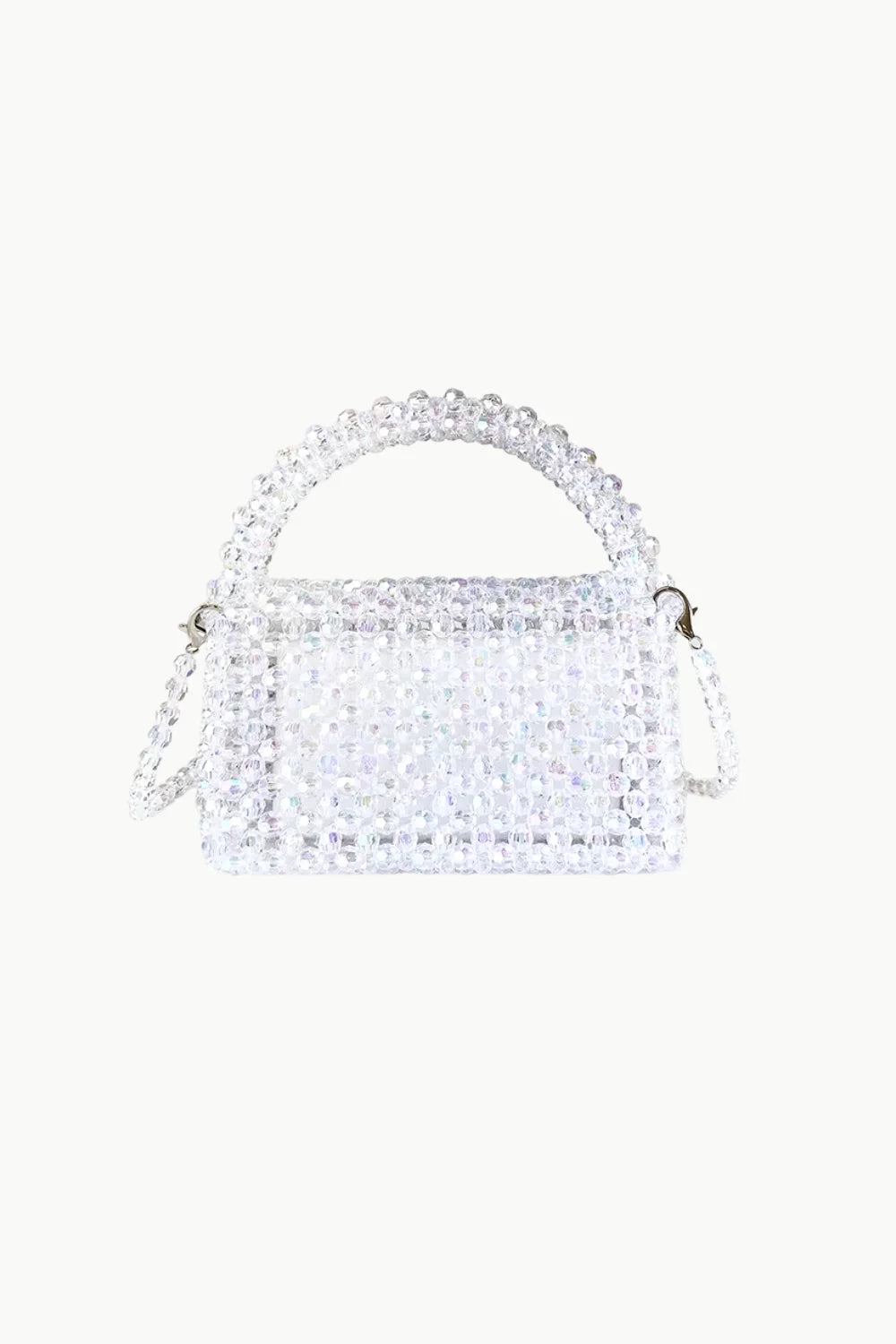 Clear beaded top-handle bag with detachable shoulder strap, perfect beaded crossbody purse