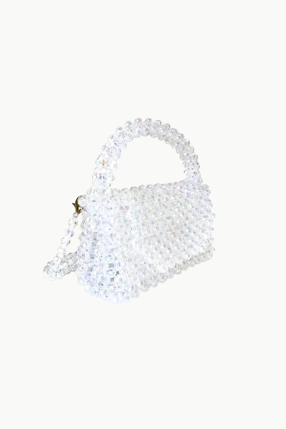 White transparent beaded purse with top handle and shoulder strap, crossbody beaded purse