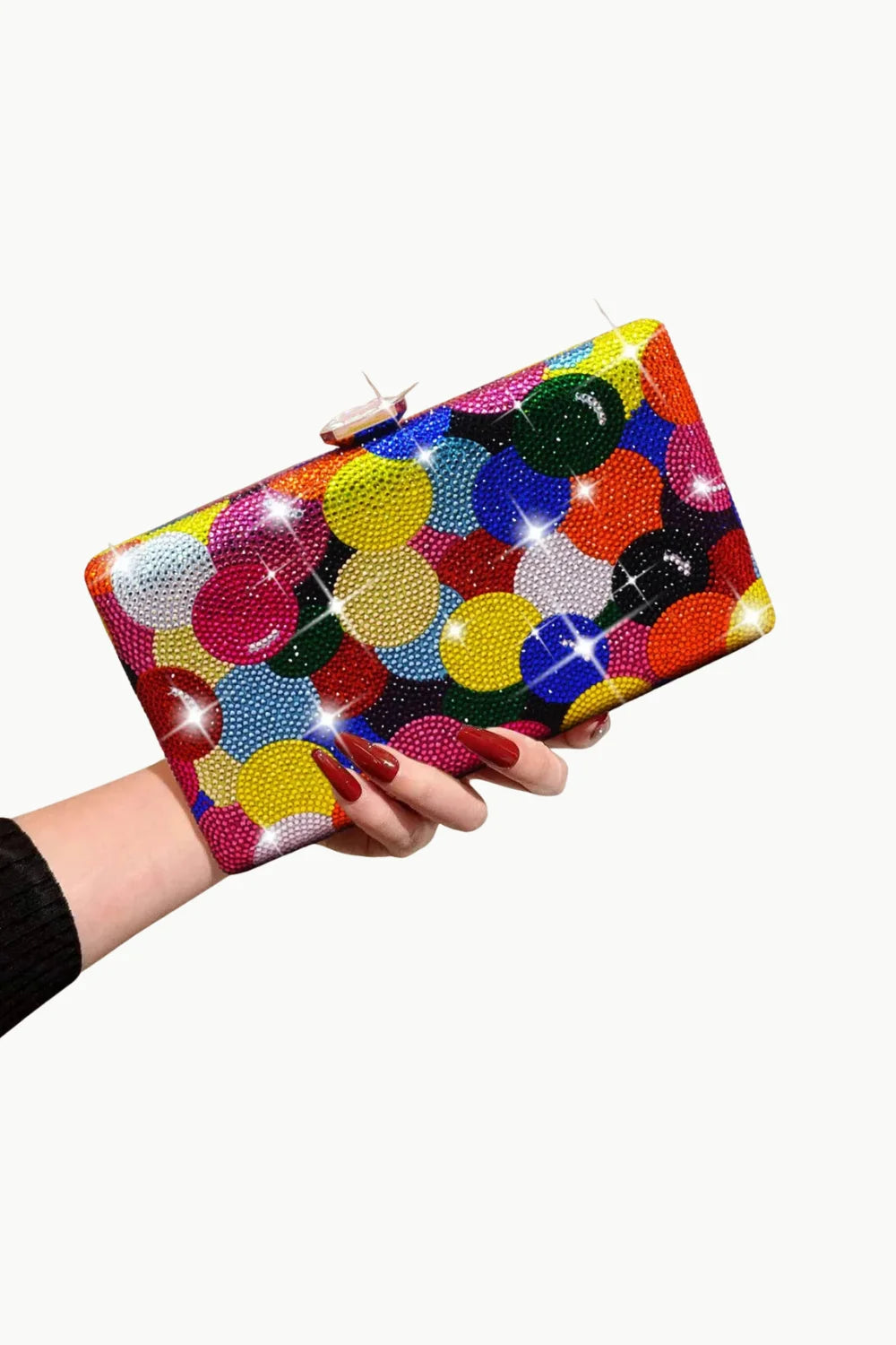 Crystal Beads Bag Design featuring a rectangular clutch with multicolored sparkling rhinestones