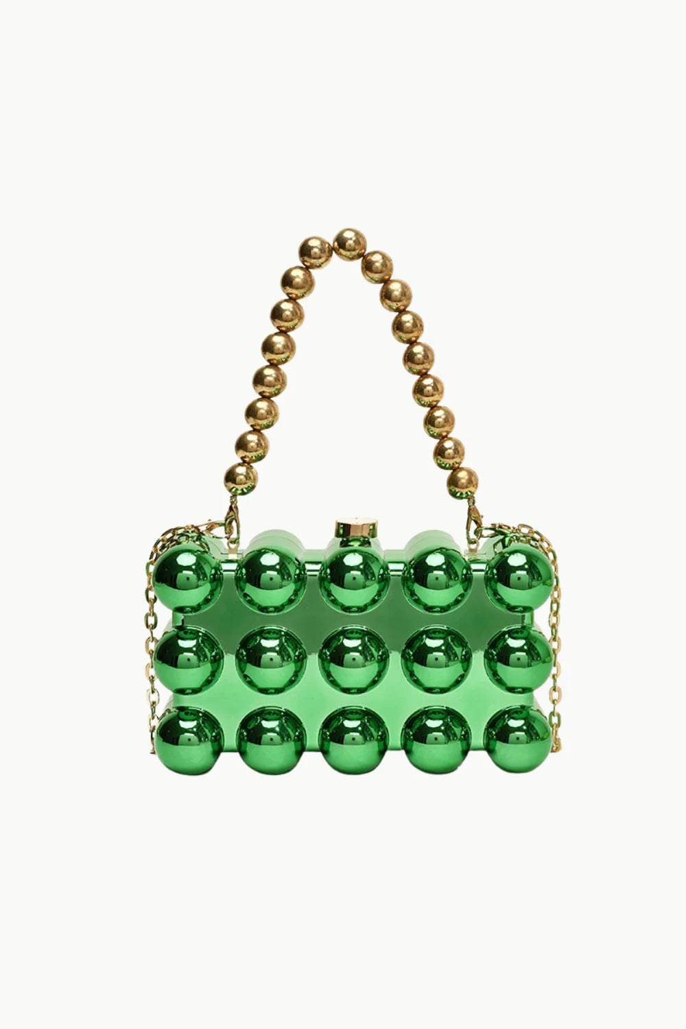 Bright green custom beaded bag with gold beaded handle and spherical accents