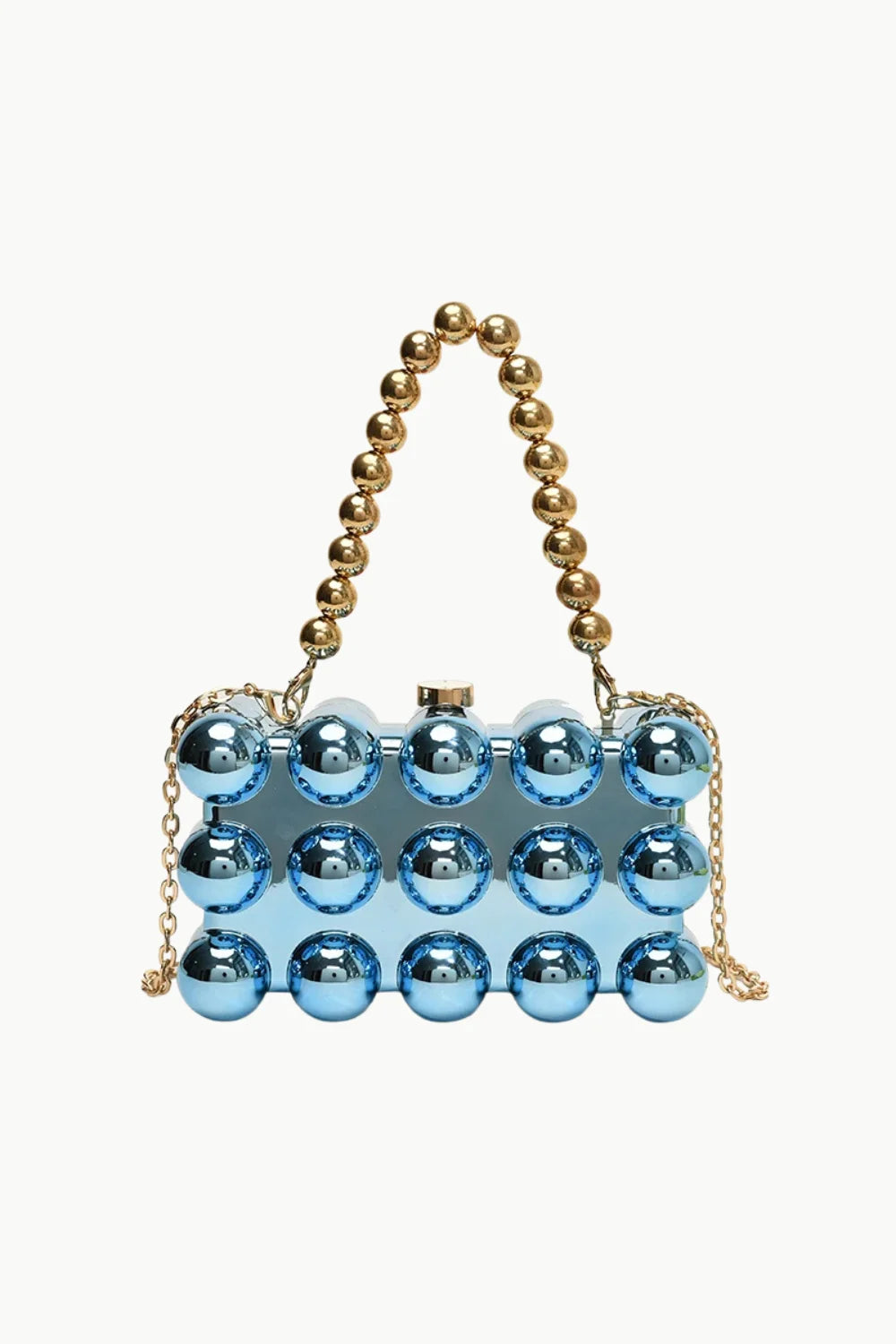 Custom beaded bag with metallic blue spheres, gold clasp, and top handle