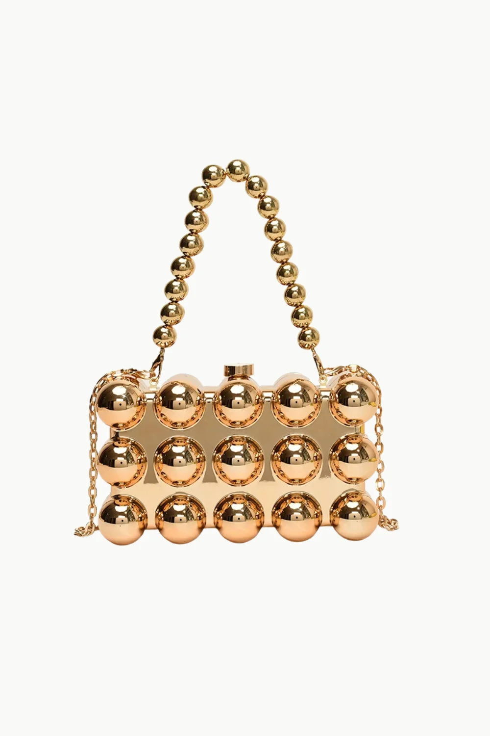 Metallic gold clutch with beaded top handle and chain strap, perfect for custom beaded bags