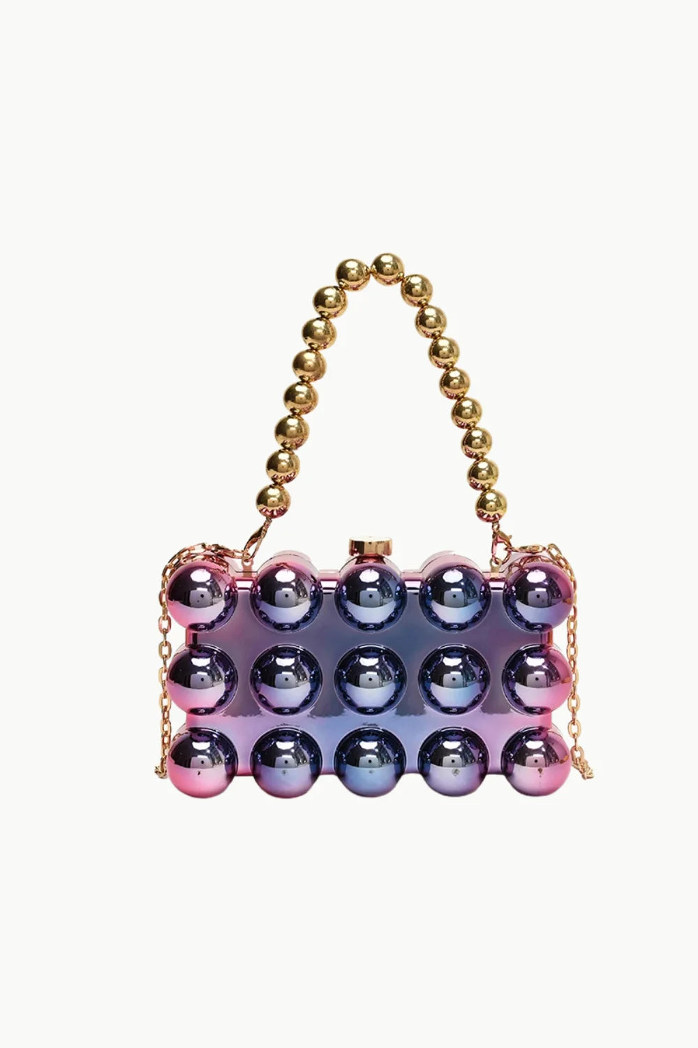 Custom beaded bag with iridescent finish, gold beaded handle, and metallic chain strap