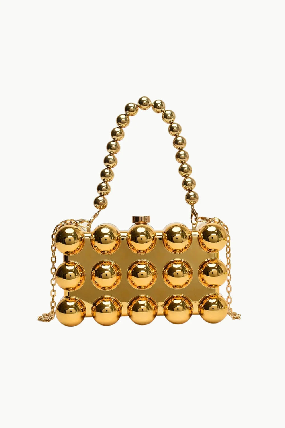 Custom beaded bag with gold spheres, beaded top handle, and chain strap