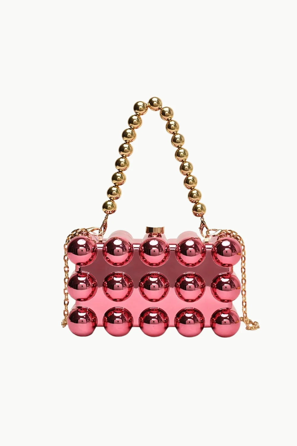 Pink custom beaded bag with gold beaded handle and shiny pink studs