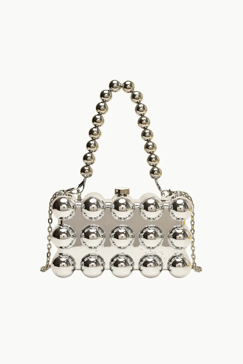 Silver beaded clutch bag with top handle and shoulder chain, custom beaded bag design