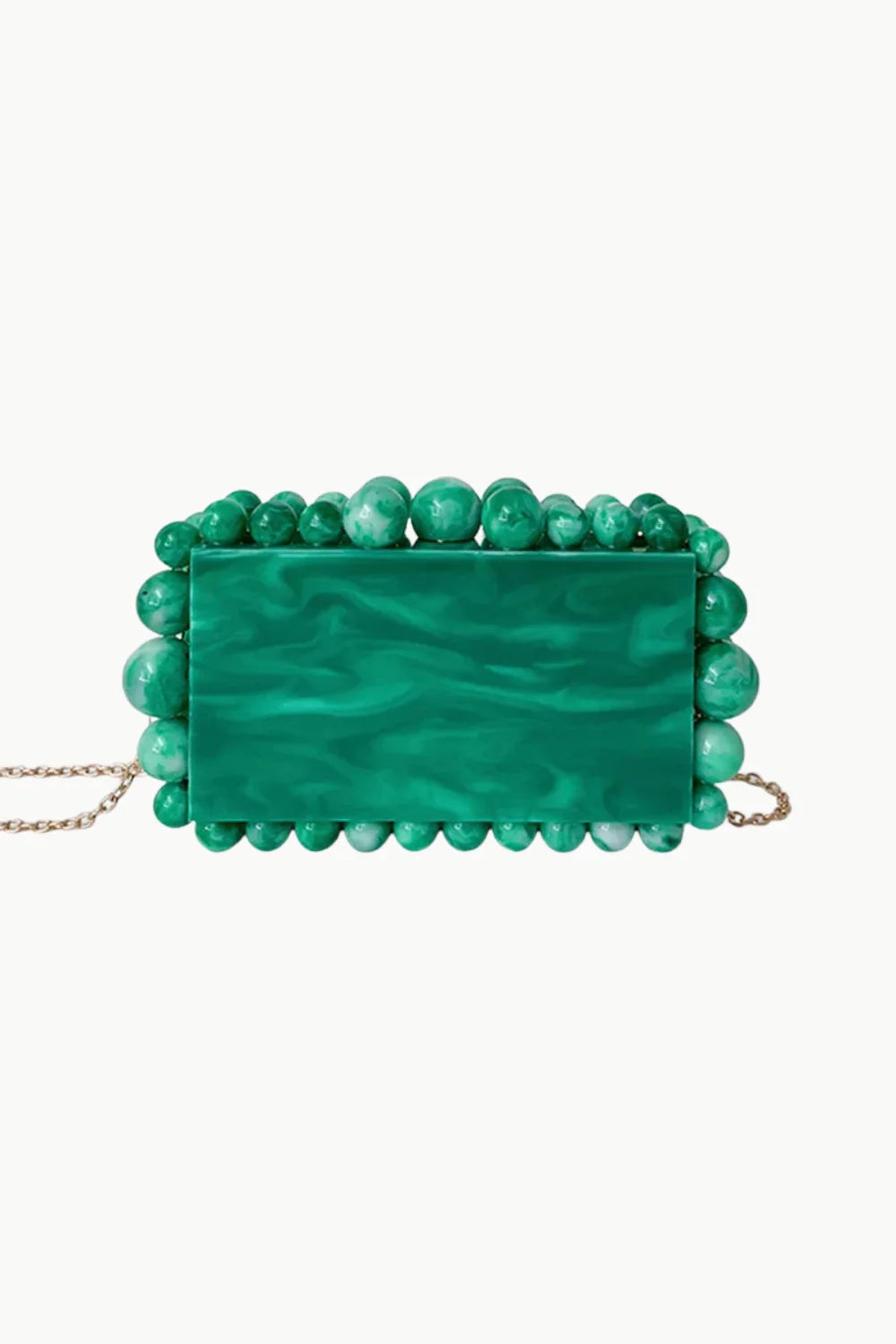 Emerald green beaded clutch with marbled finish, gold chain, and matching spherical beads
