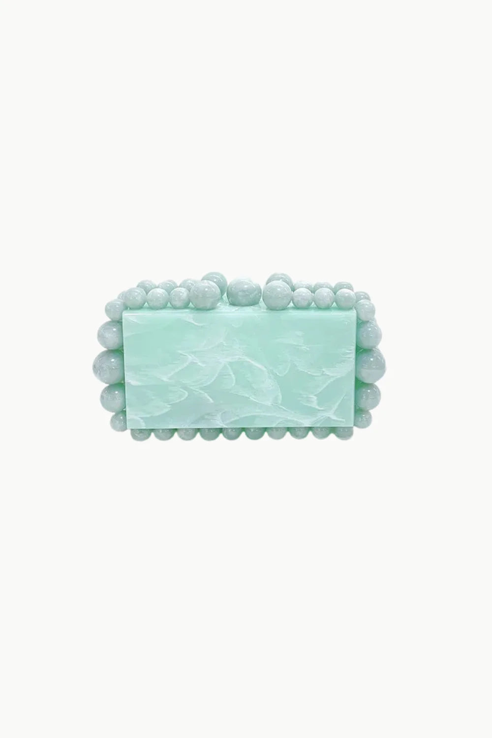 Mint green custom beaded clutch bag with textured wavy pattern and light blue beads