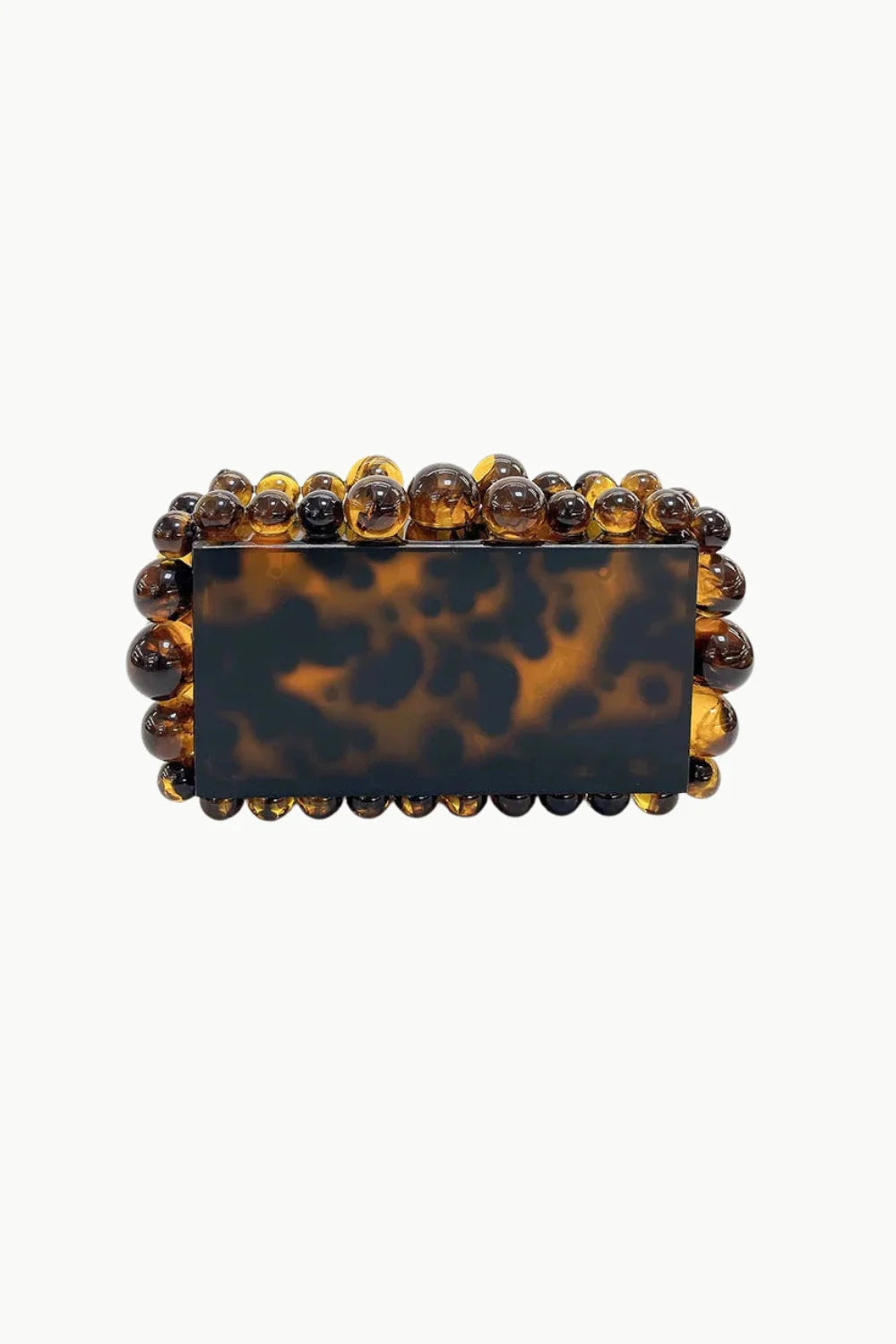 Beaded clutch featuring tortoiseshell design and clear amber-colored beads for a custom beaded clutch look