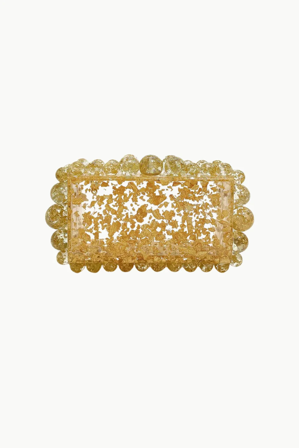 Transparent rectangular beaded clutch with gold glitter and spherical embellishments