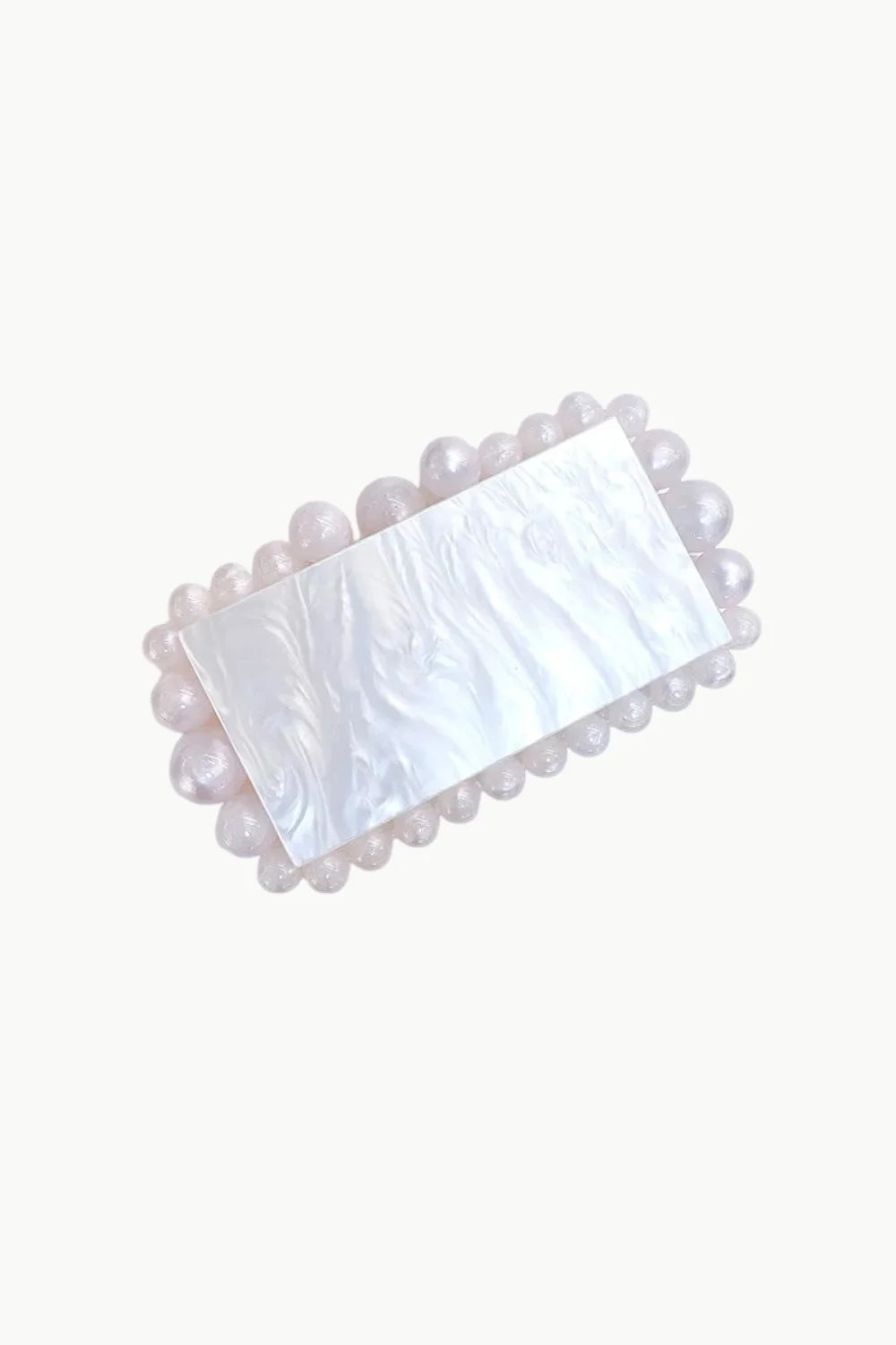 White mother-of-pearl custom beaded clutch bag with pearl-embellished border