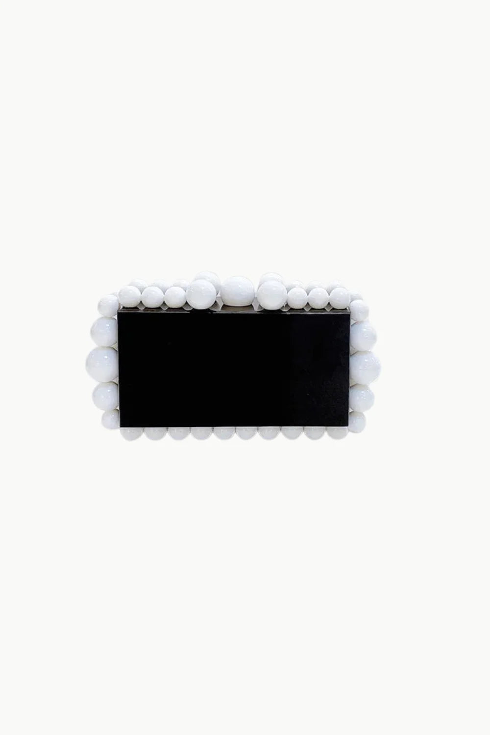 White beaded clutch bag with round beads and black center for custom beaded clutch style