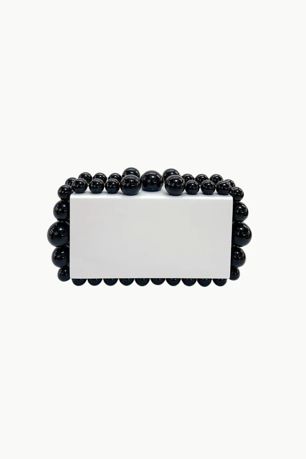 White rectangular beaded clutch bag with black spherical embellishments for custom beaded clutch style