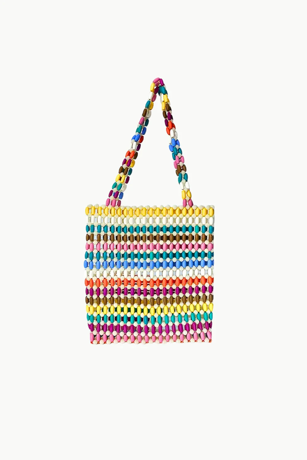 Colorful beaded tote bag with striped design and beaded handles for stylish carrying