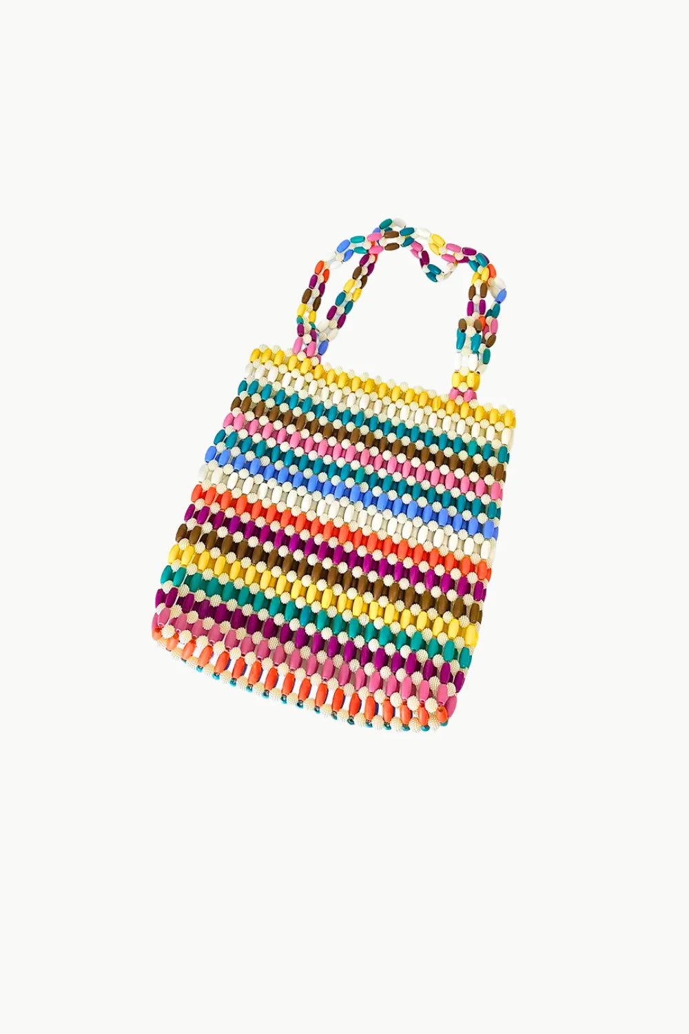 Colorful striped beaded tote bag with beaded handles, perfect as a custom beaded tote bag