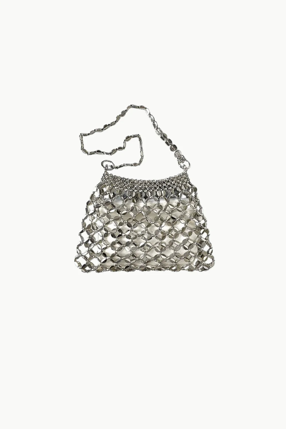 Silver-toned metallic mesh beaded bag with chain strap, cute beaded bag accessory