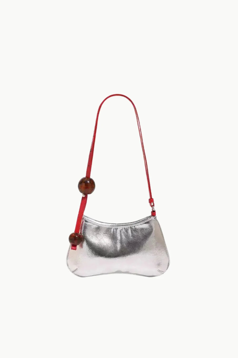 Dune Silver Beaded Bag featuring a silver metallic leather design with a red strap