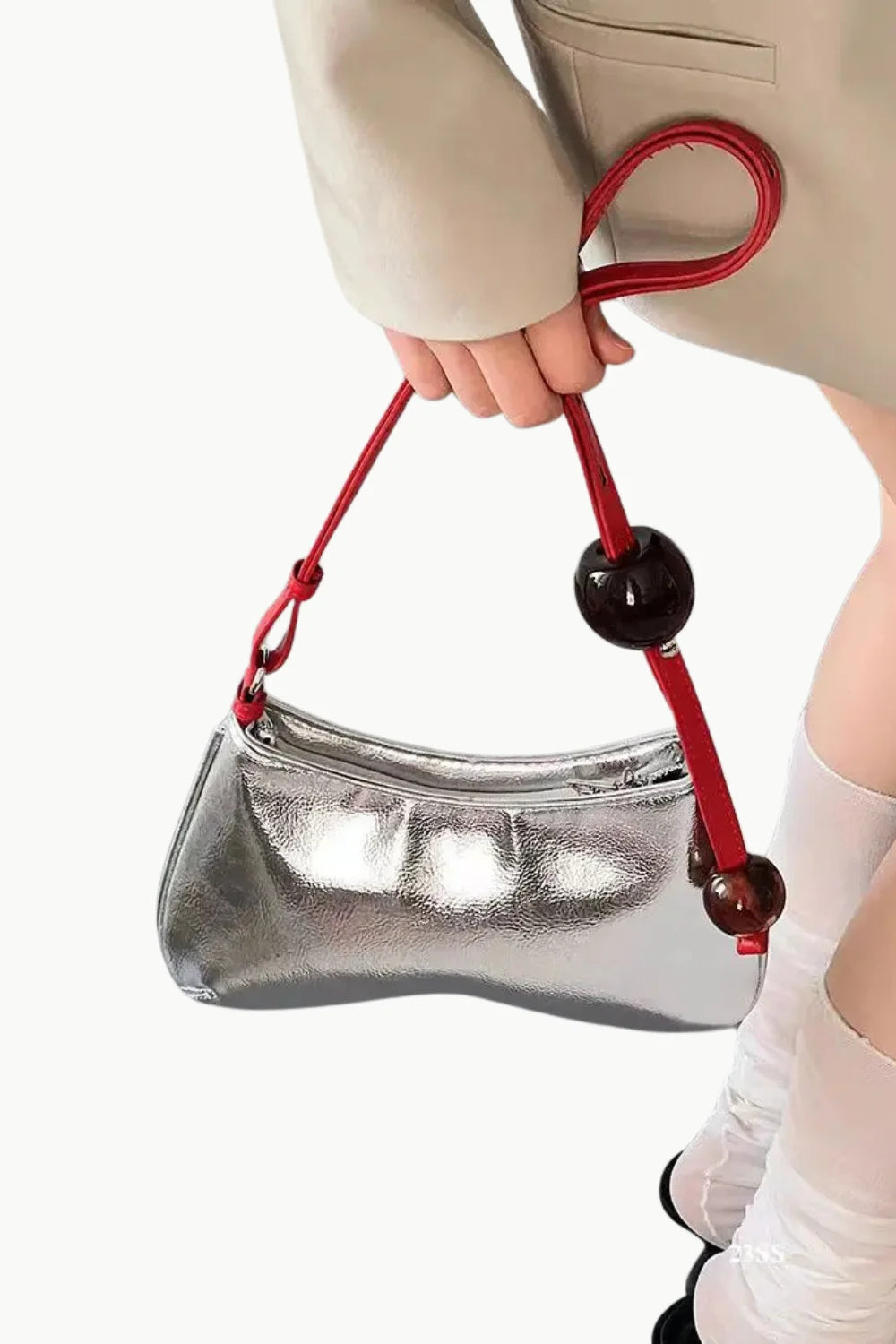 Silver beaded shoulder bag with red strap and dark spherical beads for Dune Silver Beaded Bag