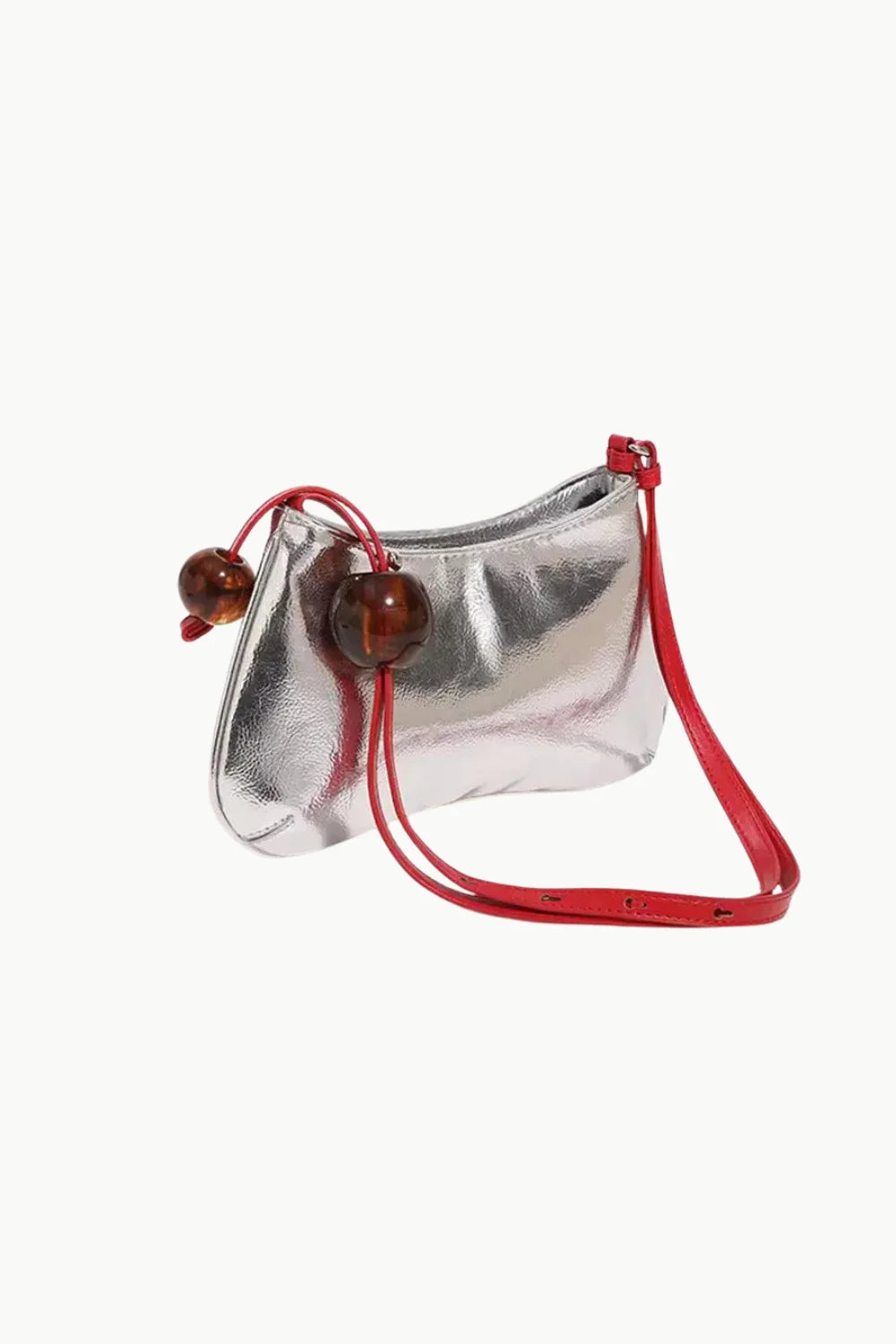 Silver beaded shoulder bag with red strap and wooden bead accents in Dune Silver Beaded Bag