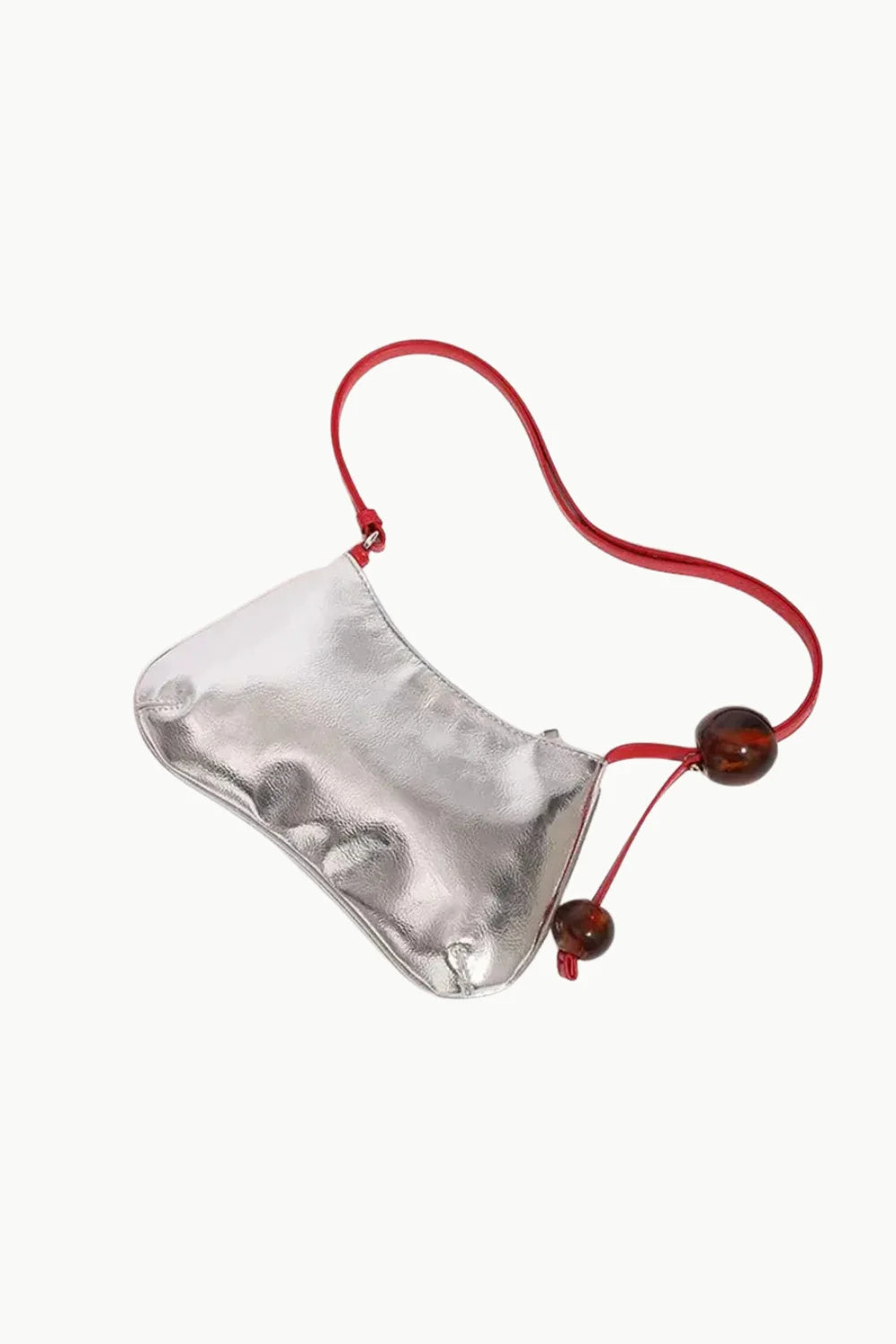 Silver beaded shoulder bag with red strap and brown spherical beads for Dune Silver Beaded Bag