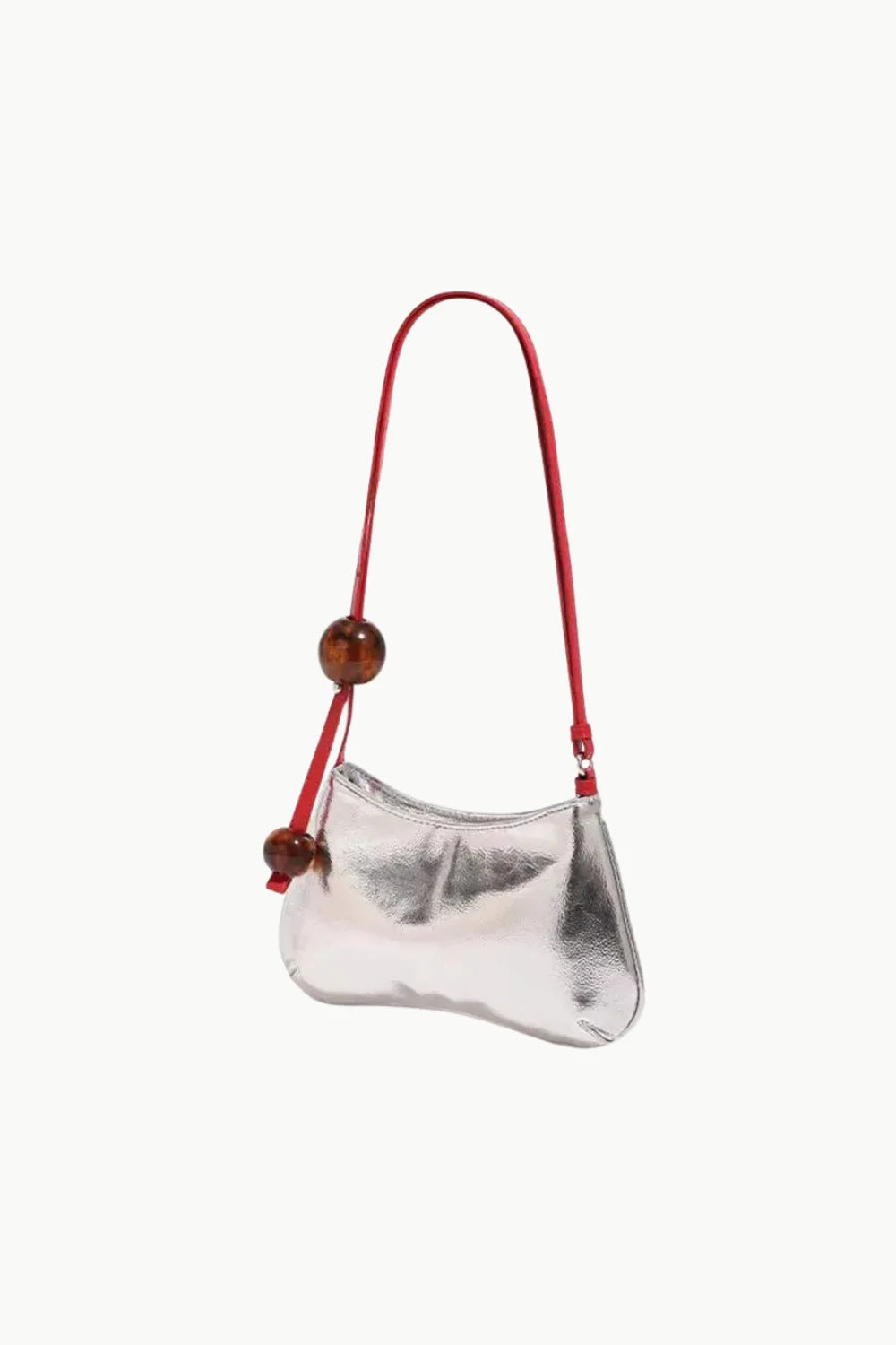Dune Silver Beaded Bag featuring metallic silver shoulder bag with red strap and wooden beads