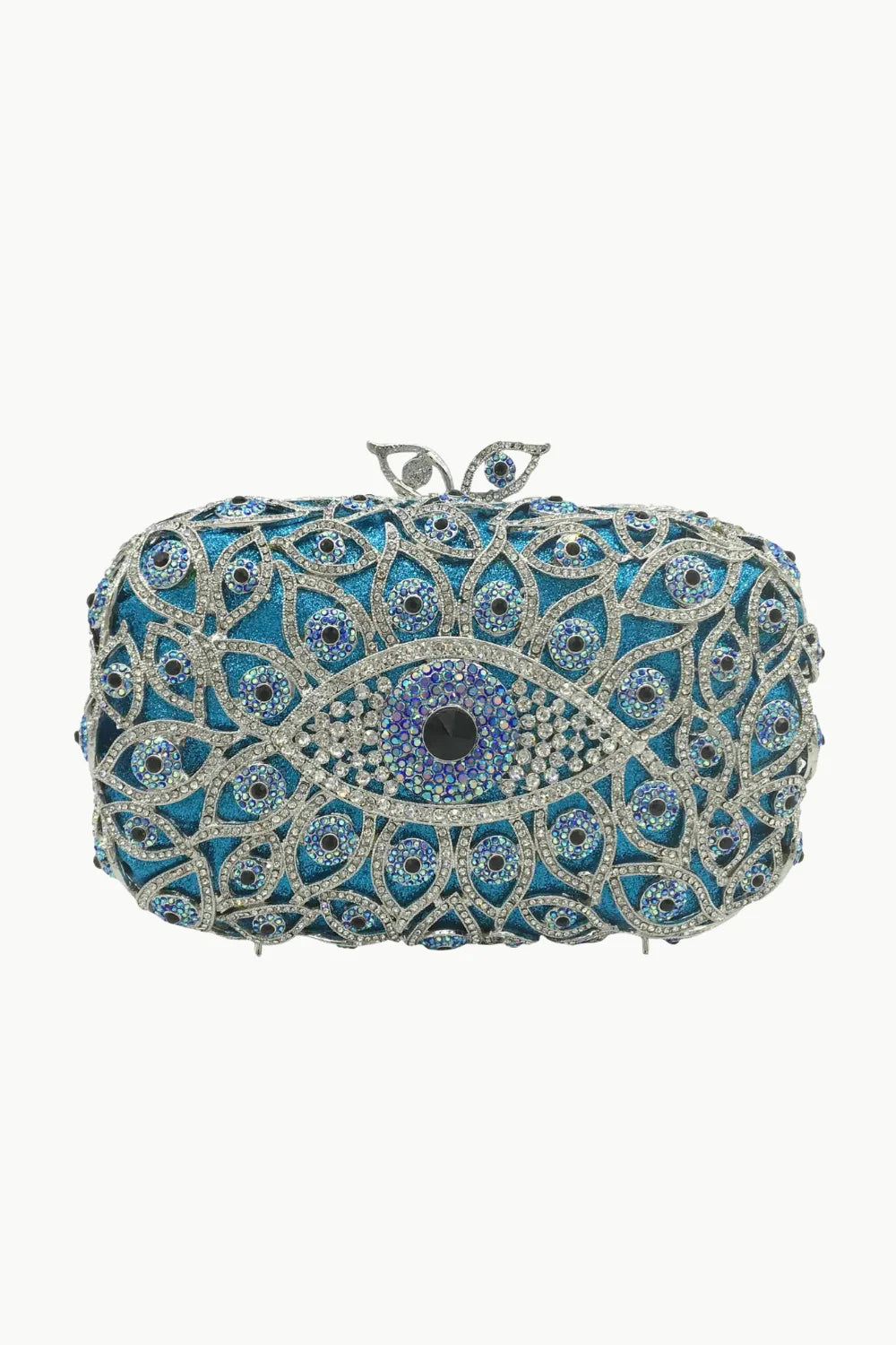 Sparkling blue and silver evil eye beaded bag with rhinestone embellishments