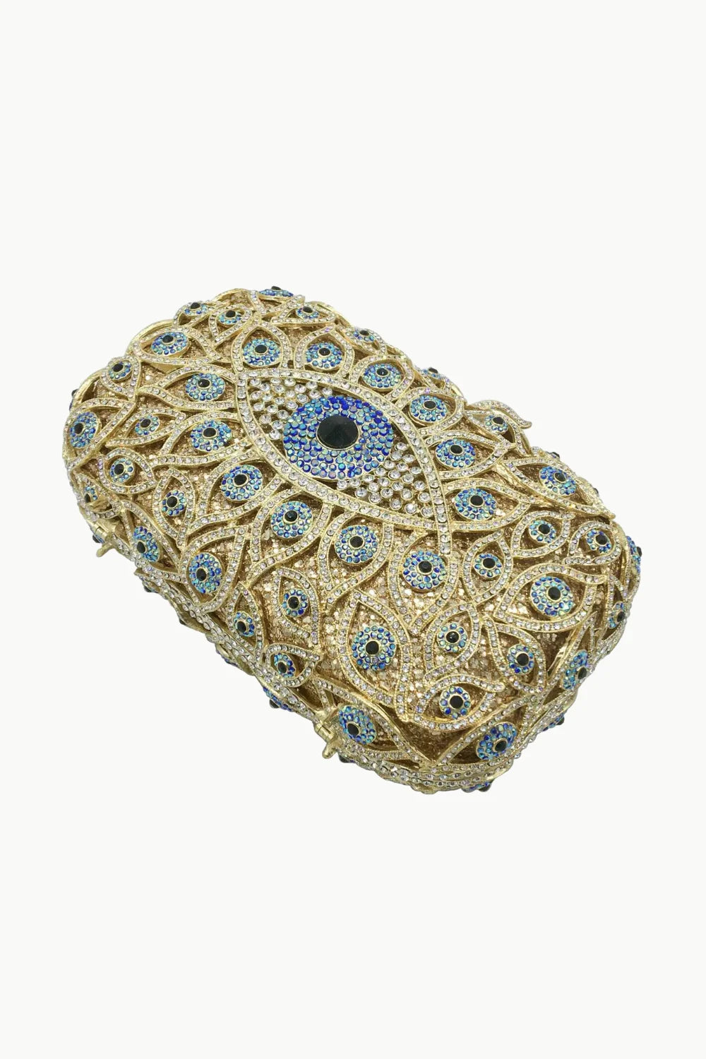 Gold and blue crystal-embellished evil eye beaded bag clutch for stylish accessories