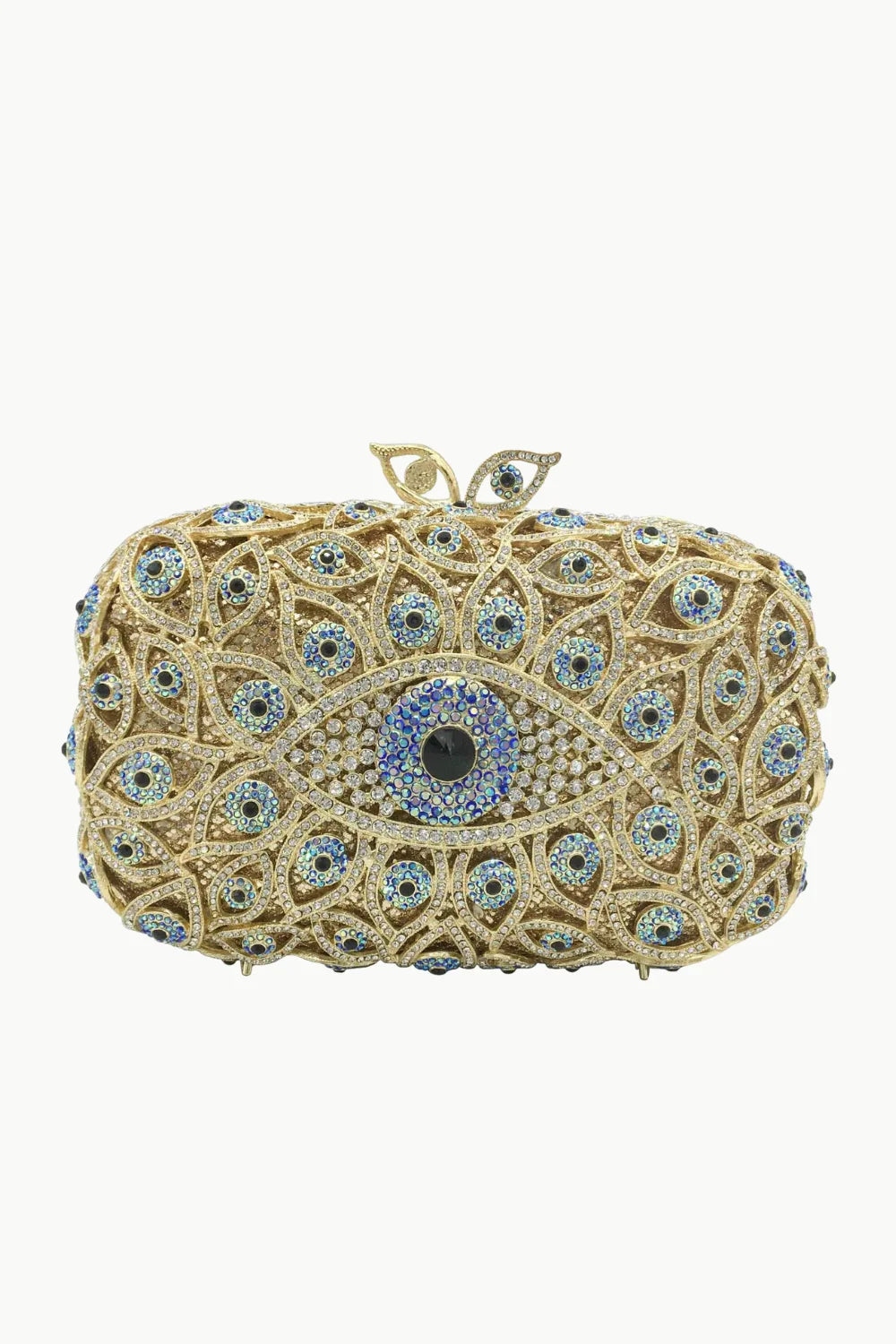 Gold clutch bag with blue and black evil eye rhinestones, Evil Eye Beaded Bag