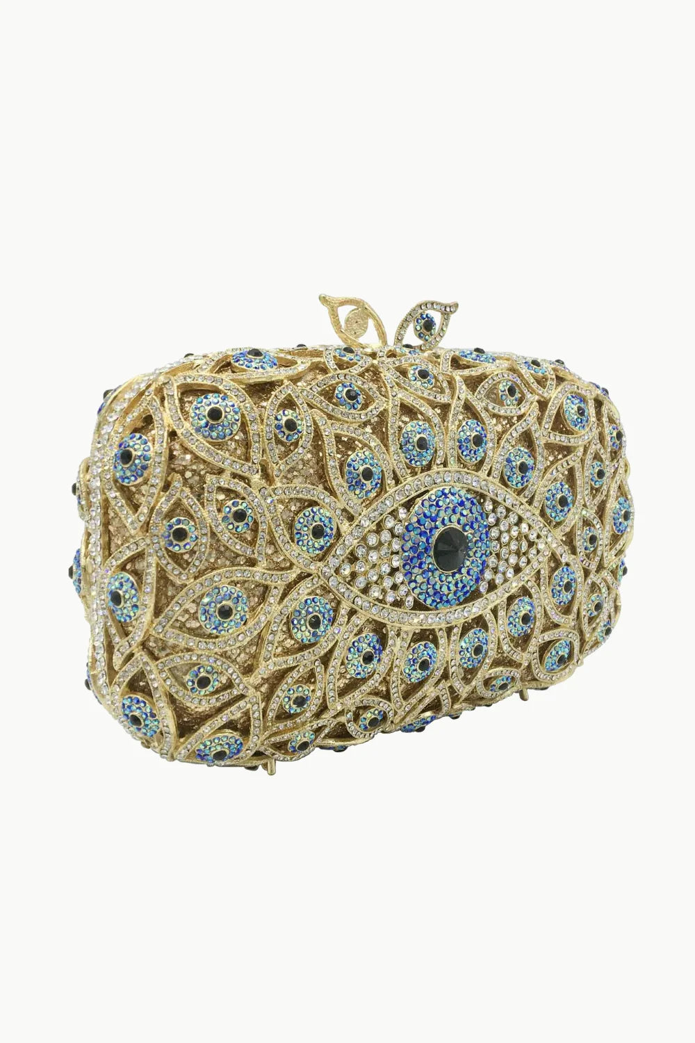 Gold-colored evil eye beaded bag with blue and clear rhinestones and eye-shaped clasp