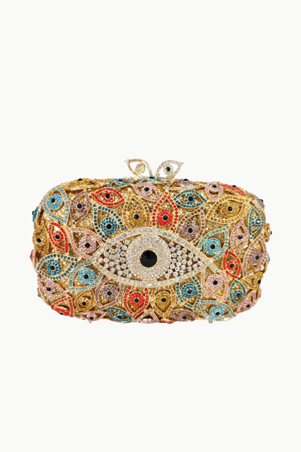 Gold-colored evil eye beaded bag with colorful eye-shaped rhinestones and jeweled clasp