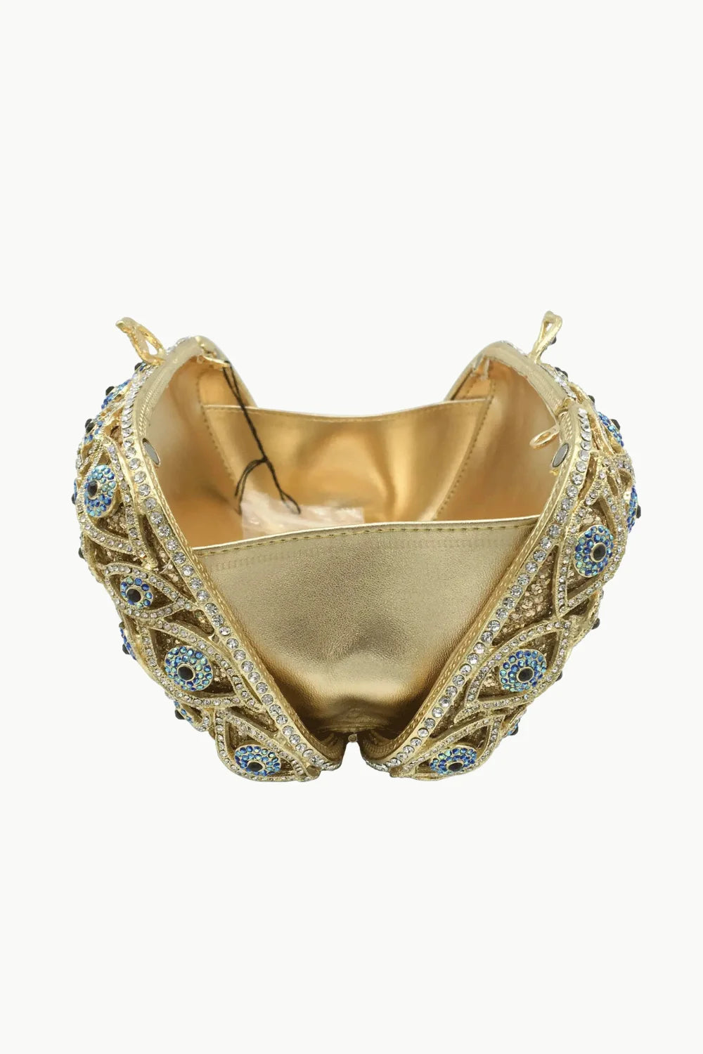 Gold jeweled clutch with evil eye beaded pattern and satin lining for the Evil Eye Beaded Bag