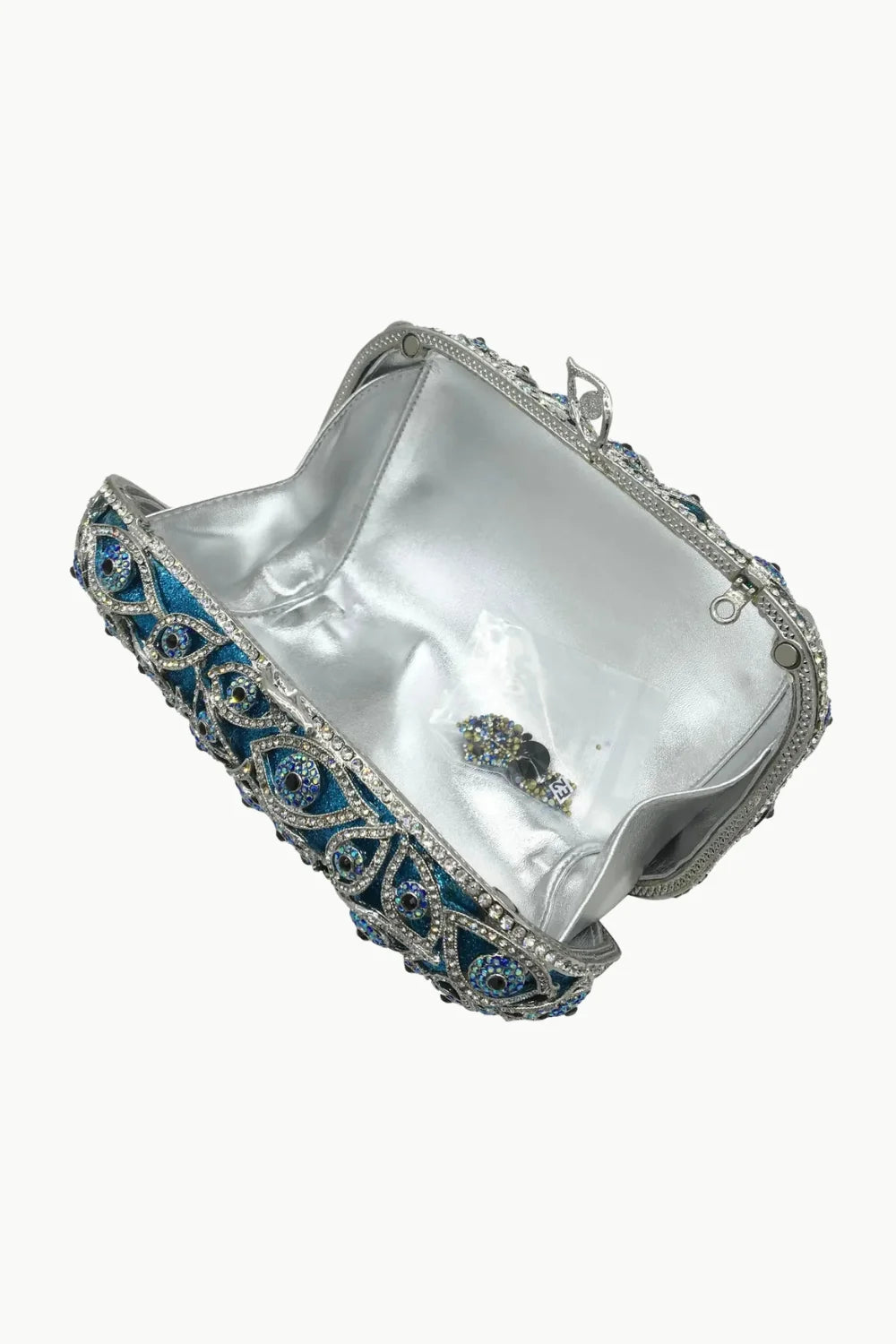 Open ornate blue and silver evil eye beaded bag with satin lining for stylish accessories