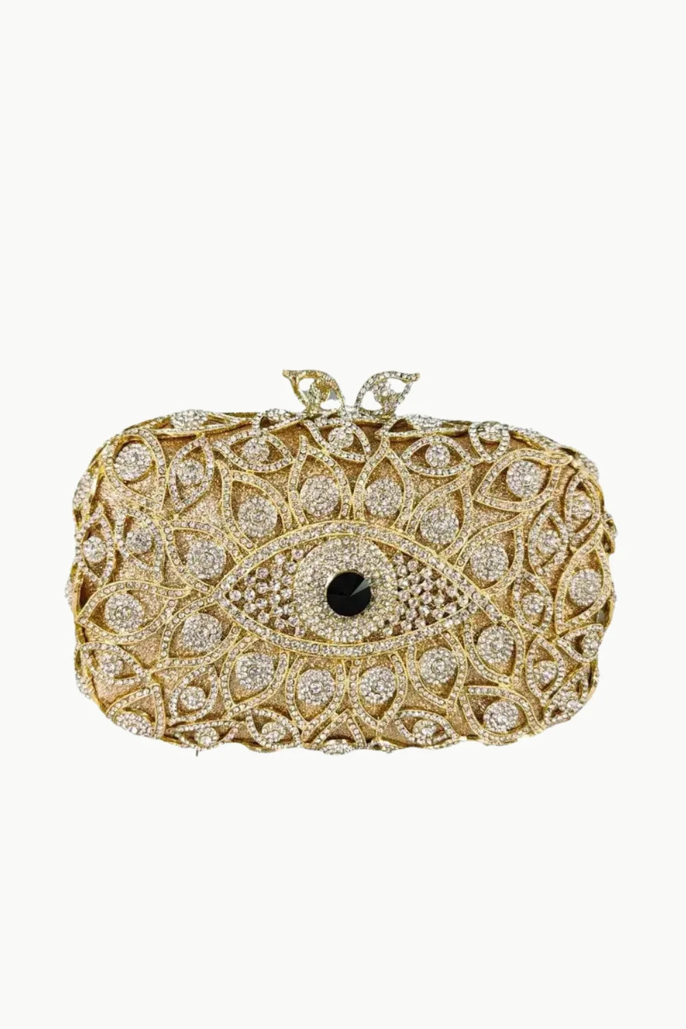 Gold beaded bag with evil eye design and rhinestones, perfect for stylish accessories