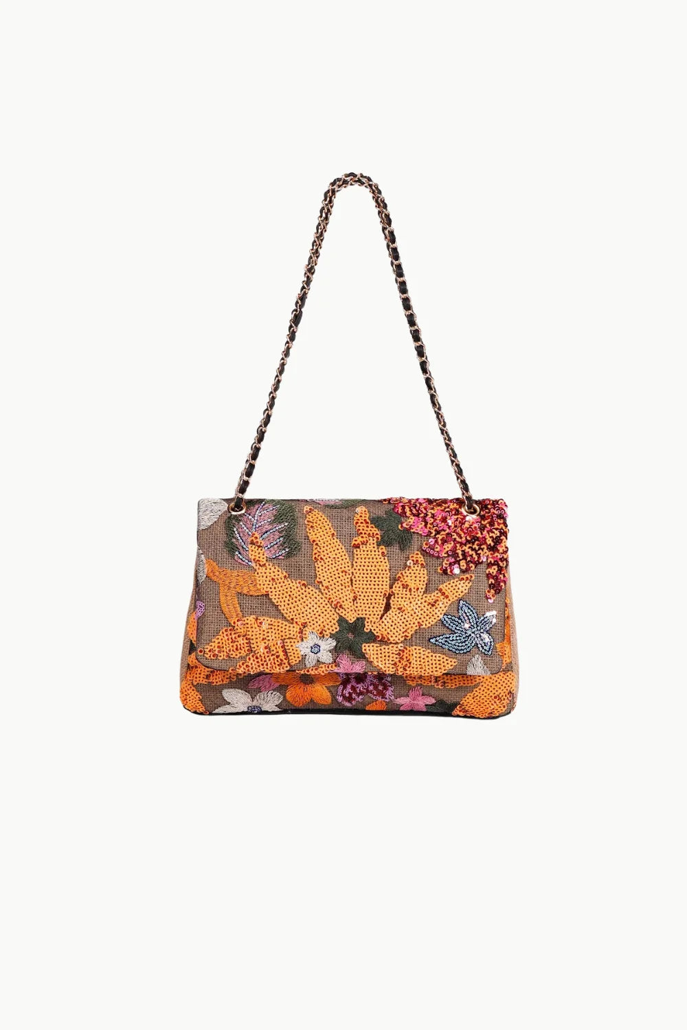 Embellished floral beaded bag with chain strap and colorful floral beading