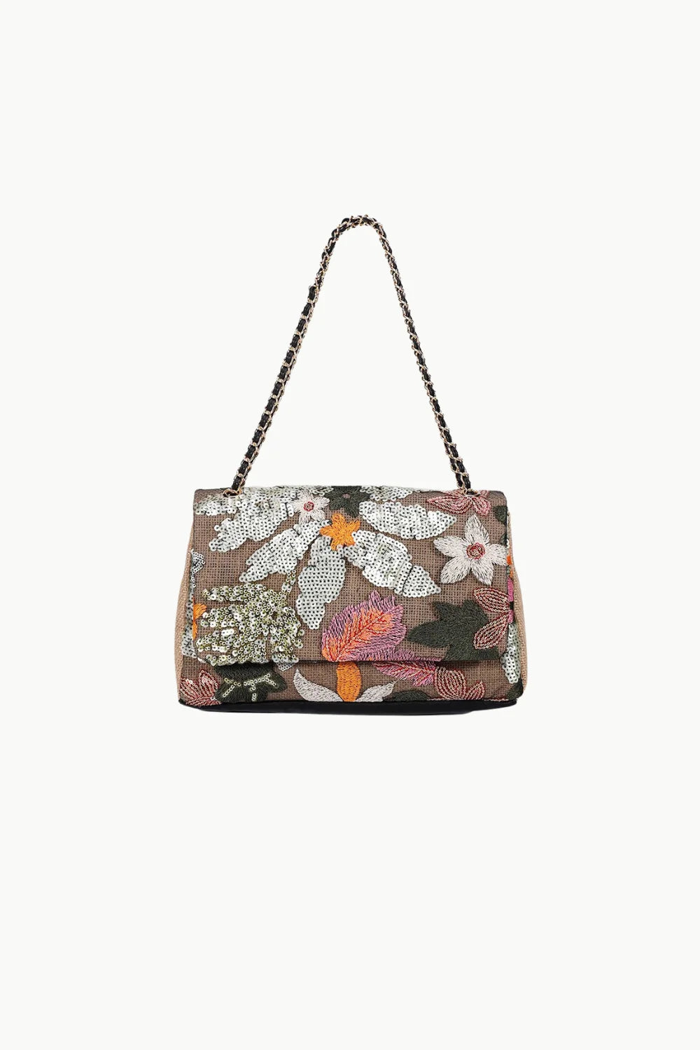 Floral beaded bag with embroidered shoulder design and chain strap for stylish look