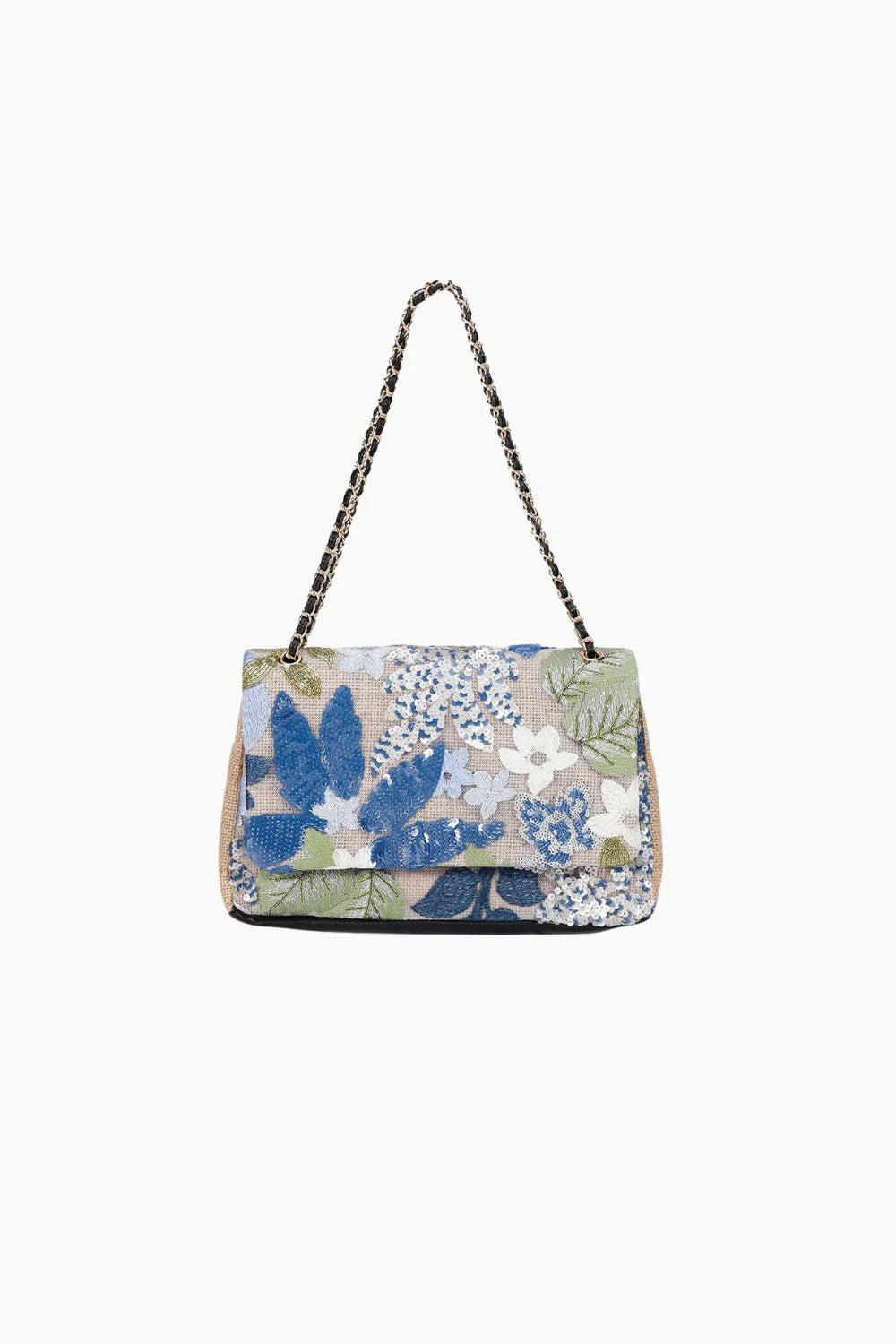 Floral Beaded Bag with embroidered shoulder design and chain strap for elegant style